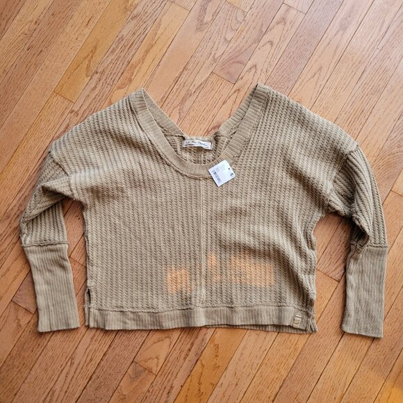 Free People Size XS New Magic Thermal Tee Golden Olive FLAWS Upcycle Bleach - Picture 1 of 11